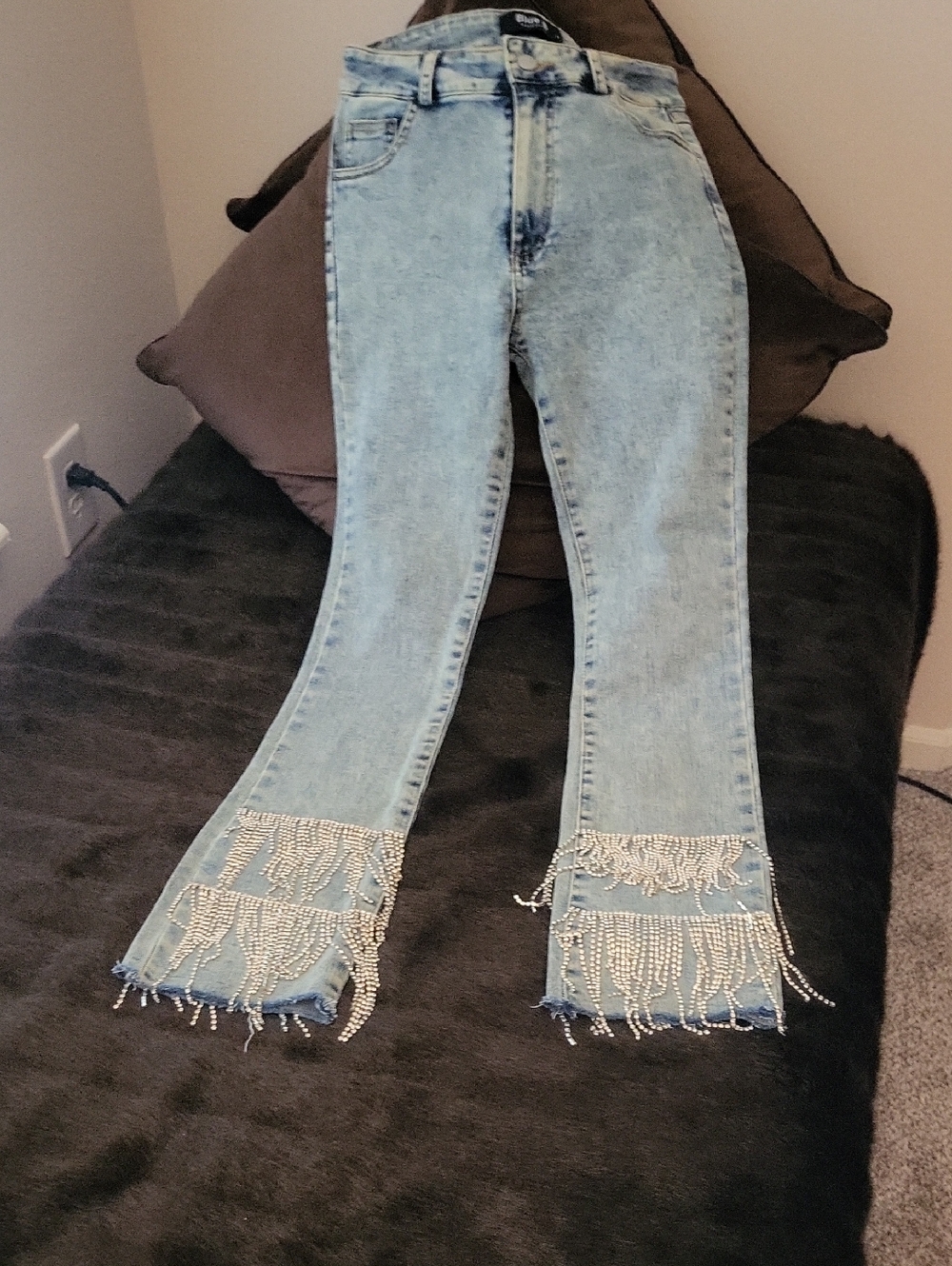 Light Blue Beaded Fringe Flare Jeans